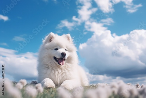 white samoyed dog with sunny cloudy day on background
