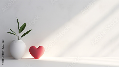 Fond abstrait de saint-valentin pour la présentation de produits. Avec ombres et lumières des fenêtres, avec un cœur rouge et un pot blanc avec une plante, amour, Valentine's Day. photo