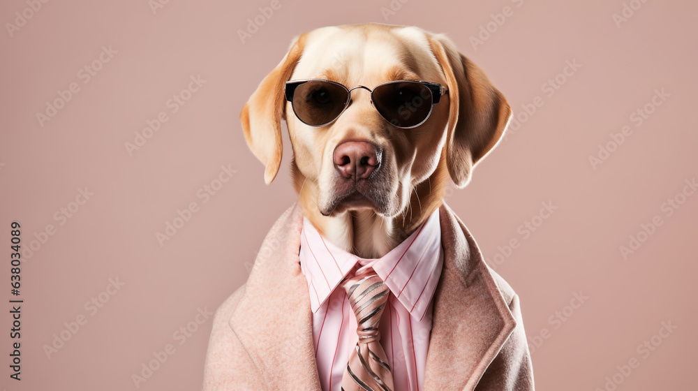 Labrador Retriever dog wearing funky fashion dress and glasses. Dog posing as model. Labrador Retriever dog wearing funky fashion dress and glasses. Dog posing as model.