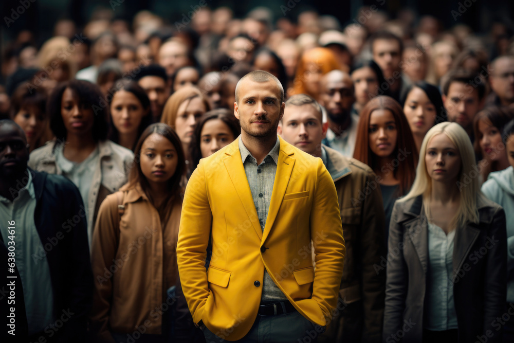 People crowd at city street, rush hour. Man in yellow jacket stand out from group of people People crowd at city street, rush hour. Man in yellow jacket stand out from group of people