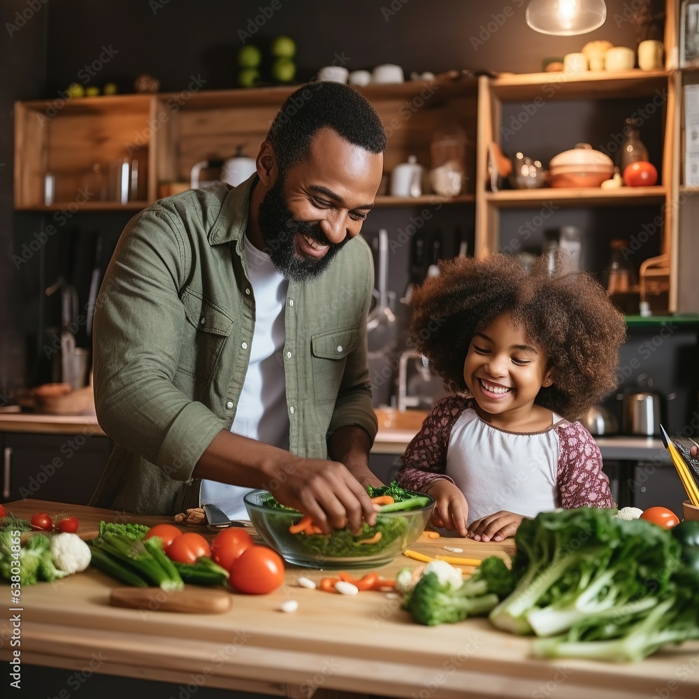 Father and daughter cooking together in the kitchen. Generative AI Father and daughter cooking together in the kitchen. Generative AI