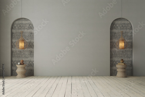 Minimalist interior design on arch wall background. Wall mockup concept, 3d render 