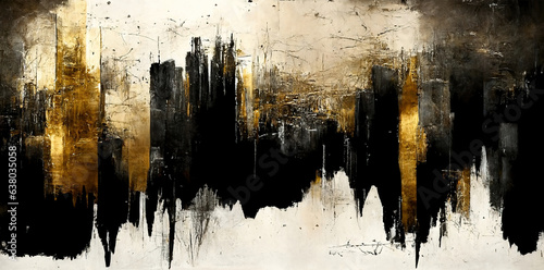Generative AI, Ivory, golden and black watercolor abstract painted background. Ink black street graffiti art on a textured paper vintage background, washes and brush strokes.