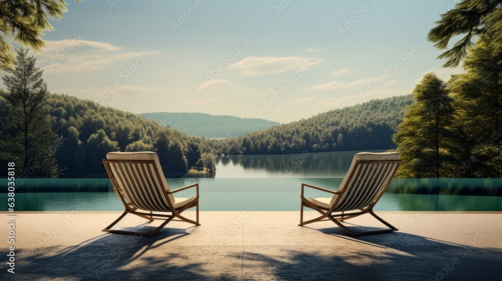 Two chairs by a sparkling swimming pool with a view of the woods
