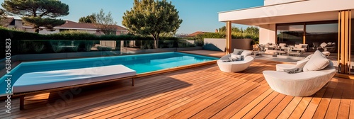 Wooden terrace with sofas and sun loungers by the pool  