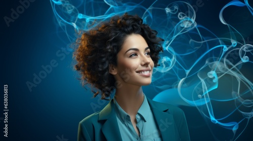 cheerful girl laughs looking at the camera on a blue background