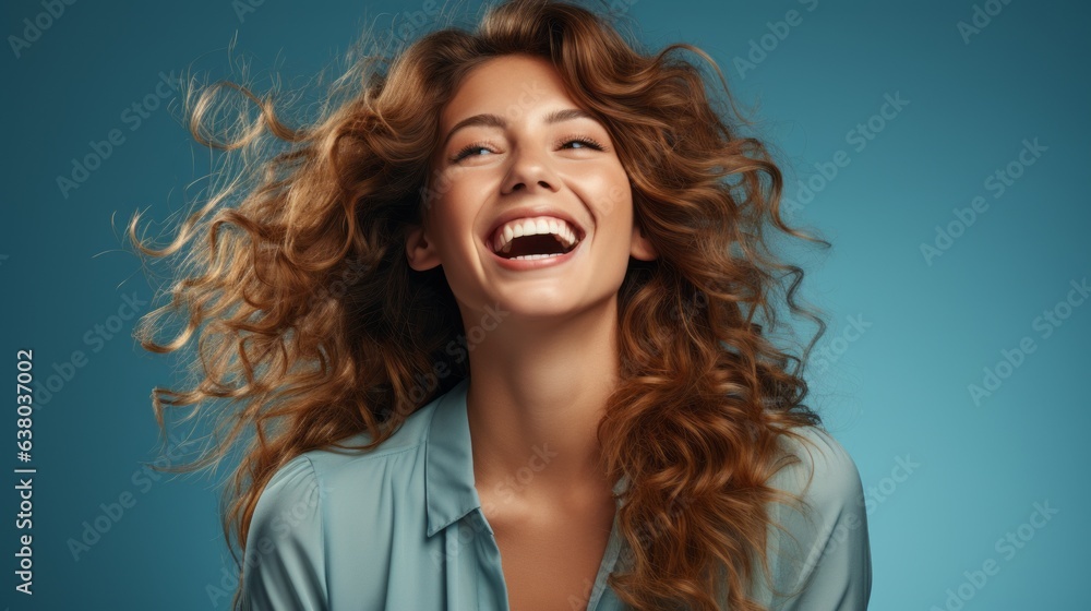 cheerful girl laughs looking at the camera on a blue background cheerful girl laughs looking at the camera on a blue background