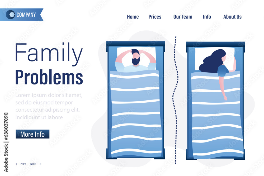 Husband and wife sleep in separate beds. Family problems, landing page