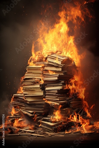 Banned books concept. A pile of books burning.
