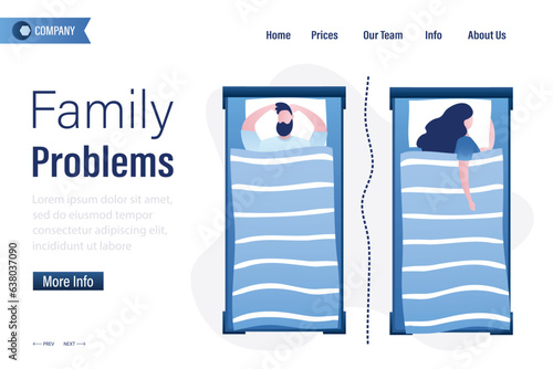 Husband and wife sleep in separate beds. Family problems, landing page template. Sexual troubles, lack of desire and passion. Cheating, domestic violence. Married couple separated. v