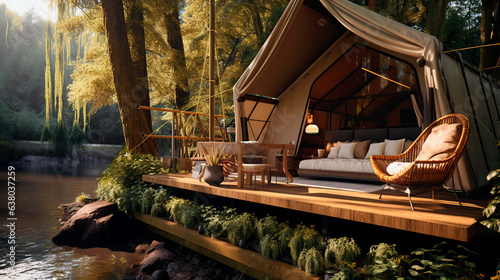 Riverside small glamping deck in a forest