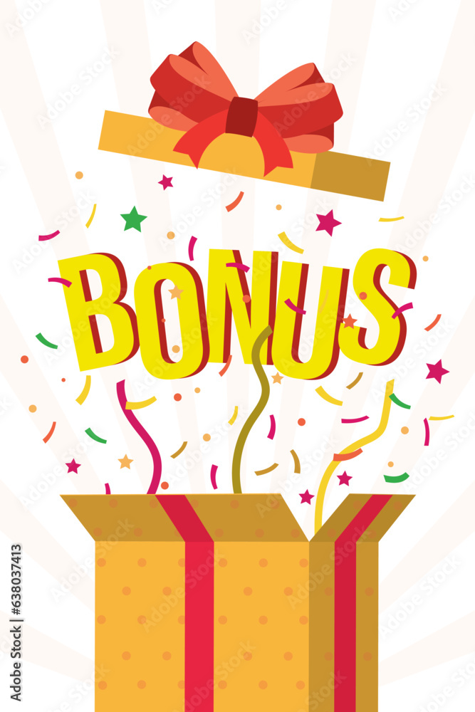 Bonus Update Poster Example Bonus word, gift box on white background. Winning prize poster. Award ...