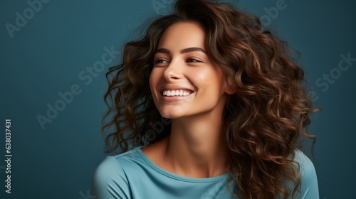 cheerful girl laughs looking at the camera on a blue background