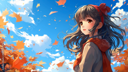 hand drawn cartoon illustration of cute girl in autumn 