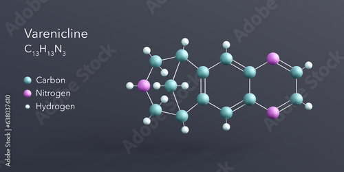 varenicline molecule 3d rendering, flat molecular structure with chemical formula and atoms color coding photo