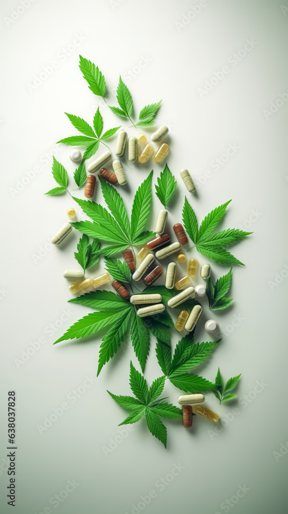 Marijuana leaves and medical pills, generative AI.