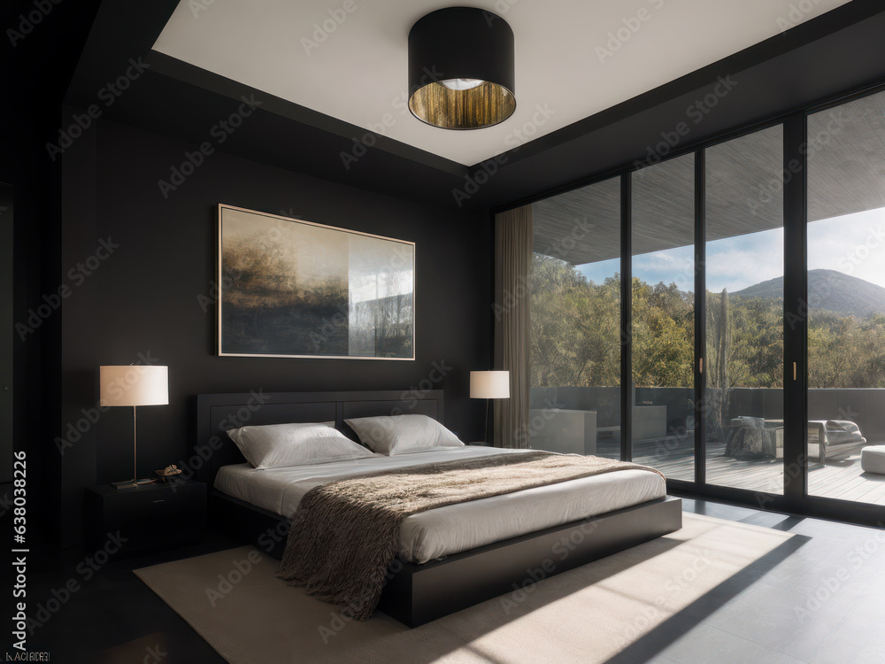Fototapeta premium Spacious villa Interior dark modernism, sheer and opaque, nature inspired, mood lighting, linear elegance, metallic finishes. 