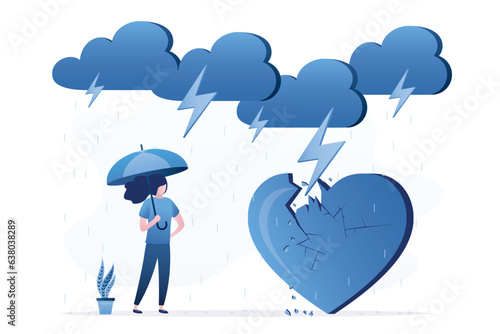 Rainy day, lightning breaks through heart. Family problems, negative emotions of woman from conflict with partner. Breakdown of family relationships.