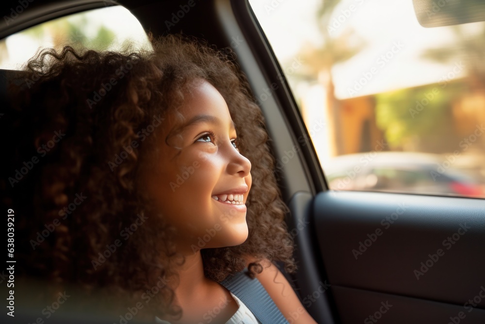 smiling hispanic girl looking out of a car window smiling hispanic girl looking out of a car window