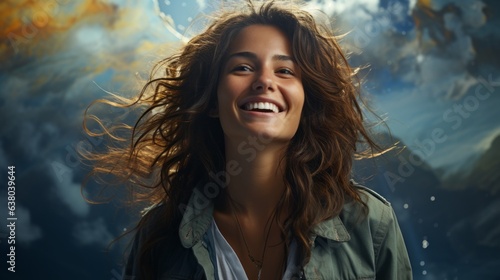 a woman enjoying life and laughing on a blue background
