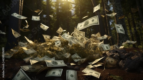 Money flying in the air in the middle of the forest