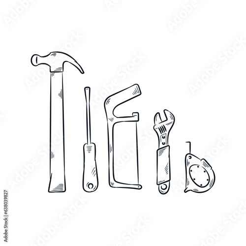 Set of constraction worker tools line drawing silhouette sketch vector icon illustration. Labor day element design.