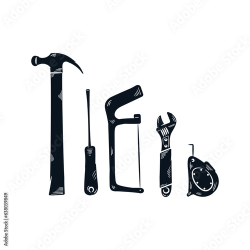 Set of constraction worker tools line drawing silhouette sketch vector icon illustration. Labor day element design.