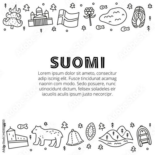 Poster with lettering and doodle outline finland icons.