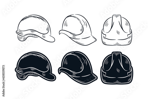 Set of safety helmets line drawing silhouette sketch vector icon logo illustration. Labor day element design.