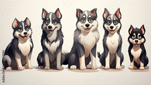 illustration of a group of cute huskies dogs isolated on a white background. © jr-art
