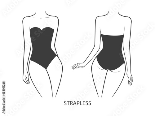Swimwear on a woman's body.  Strapless one-piece swimsuit - front and back view. Vector illustration isolated on white background