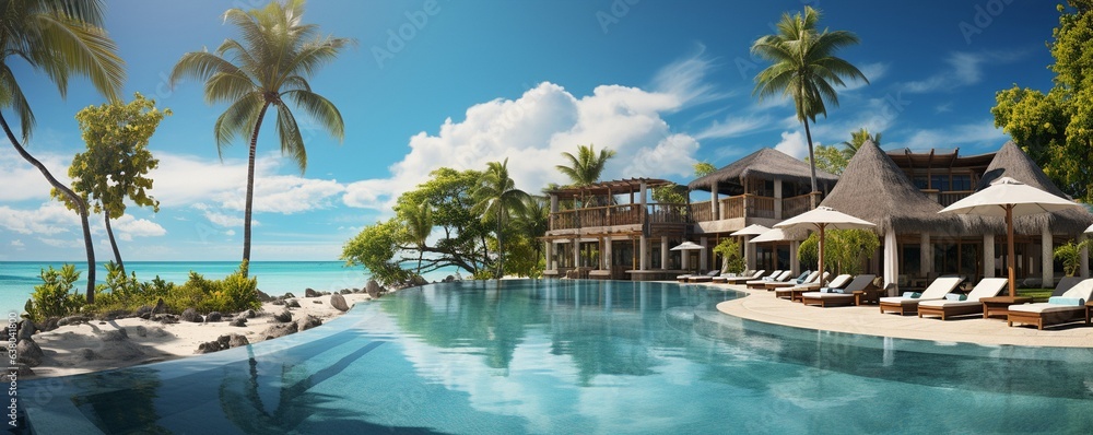 opulent beachfront resort with a pool, lounge chairs, umbrellas, palm trees, and a clear sky,. - obrazy, fototapety, plakaty 