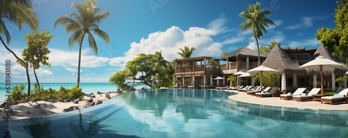 opulent beachfront resort with a pool, lounge chairs, umbrellas, palm trees, and a clear sky,.