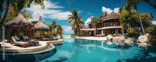 opulent beachfront resort with a pool, lounge chairs, umbrellas, palm trees, and a clear sky,. photo