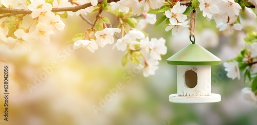 White birdhouse with a chick on the background of blooming tree