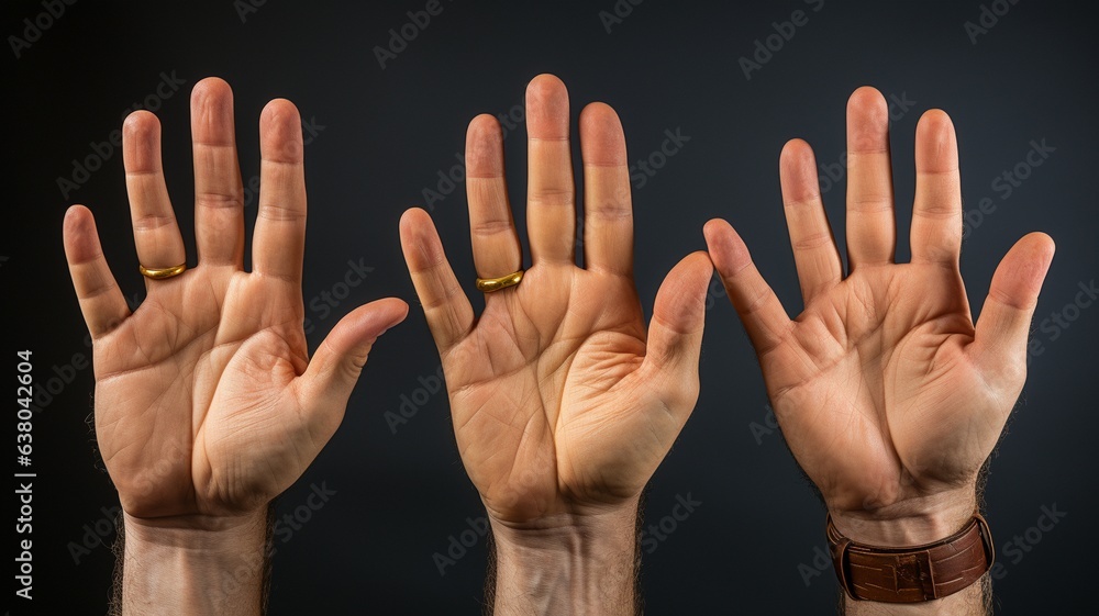 Three different hands point upwards and reveal the same thing.. Three different hands point upwards and reveal the same thing..
