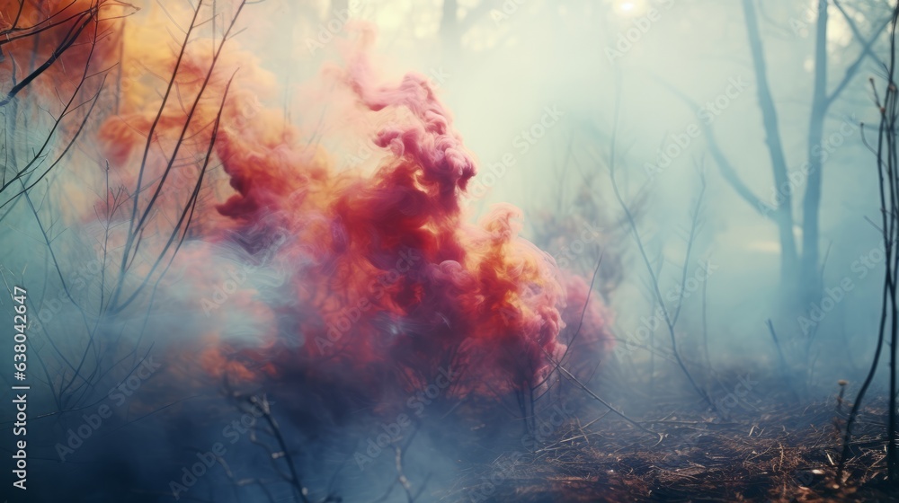 Colorful smoke in a vibrant forest setting