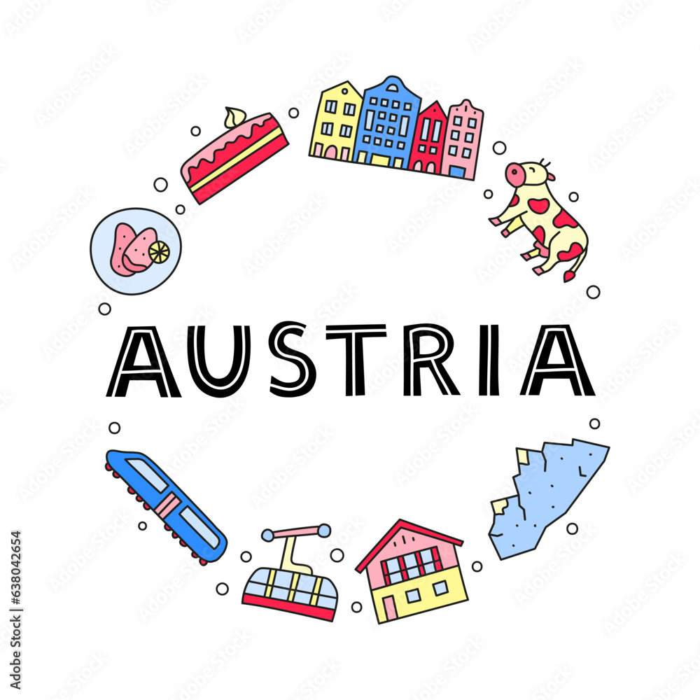 Doodle colored Austria icons in circle.