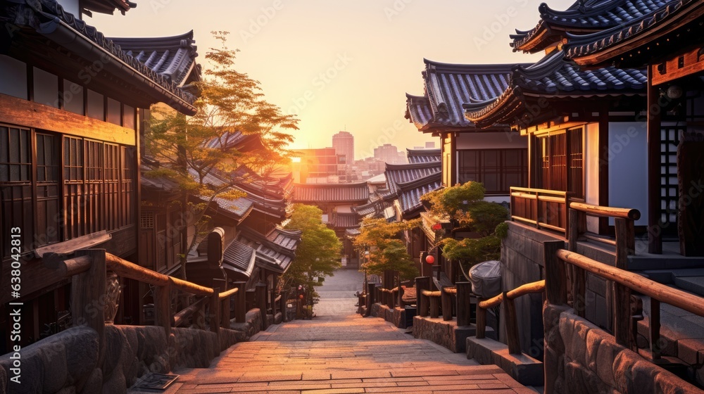 Bukchon Hanok Village during sunrise without people. Generative AI Bukchon Hanok Village during sunrise without people. Generative AI