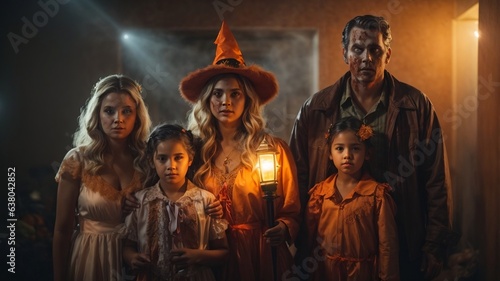 Halloween family with themed costumes and orange pumpkins. Monsters, zombies and sweets. Trick or treat. Halloween holiday. Halloween dinner. AI generative.