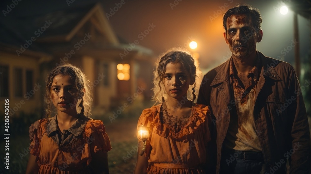 Naklejka premium Halloween family with themed costumes and orange pumpkins. Monsters, zombies and sweets. Trick or treat. Halloween holiday. Halloween dinner. AI generative.