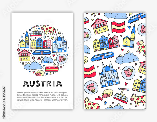 Card templates with lettering and doodle colored Austria icons.