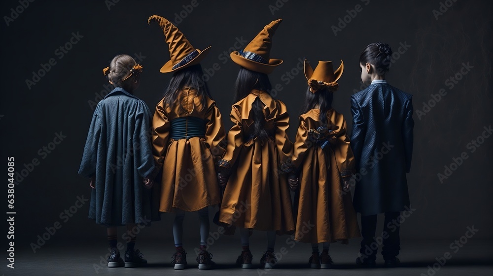 Naklejka premium Halloween family with themed costumes and orange pumpkins. Monsters, zombies and sweets. Trick or treat. Halloween holiday. Halloween dinner. AI generative.