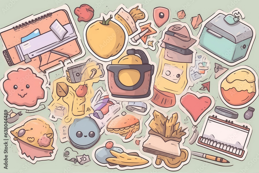 Funny and cute stickers in different styles. doodle cartoon set of School objects and symbols photo realistic. Generative AI. Funny and cute stickers in different styles. doodle cartoon set of School objects and symbols photo realistic. Generative AI.