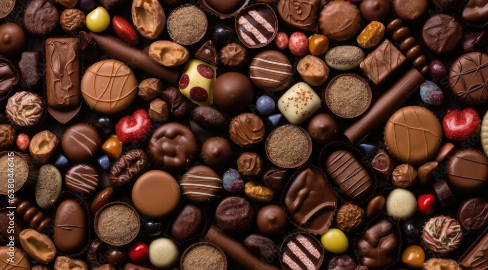 Chocolate candy background, assorted sweetness and various dessert - obrazy, fototapety, plakaty 