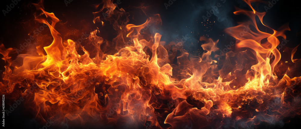 Closeup of burning flames, fire background banner long.Generative AI