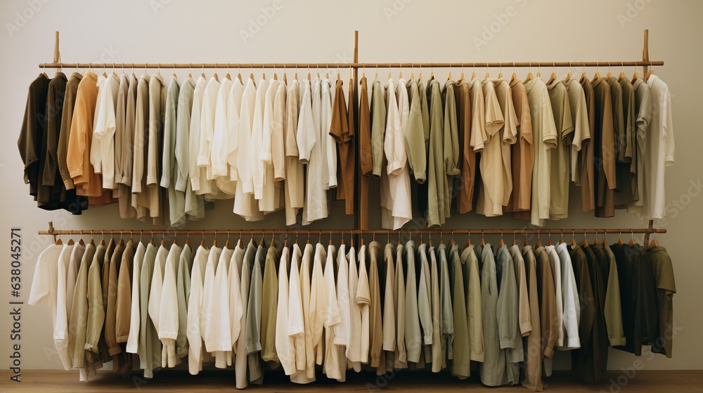 Generative AI, Cloth store aesthetic background, photo of clothes hanging on hangers, muted neutral colors