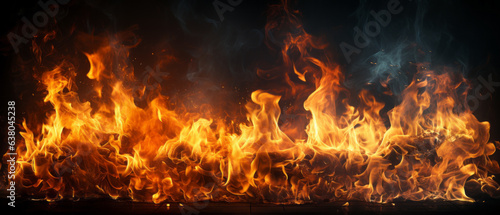 Closeup of burning flames, fire background banner long.Generative AI