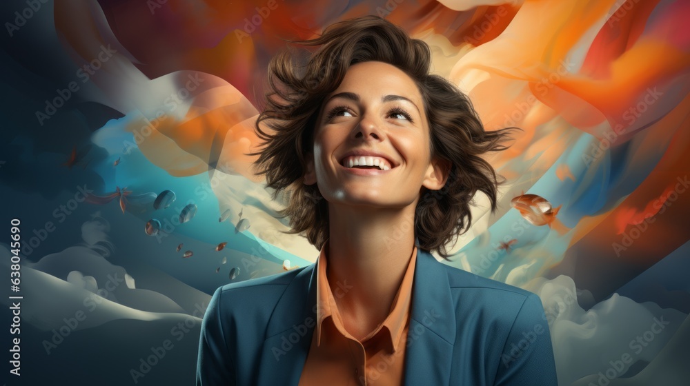 Naklejka premium a woman laughing emotionally against a colorful background
