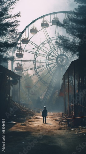 Nighttime abandoned amusement park with sanatorium, ferris wheel, and foggy park. Background concept for Halloween. Generative AI © Fokasu Art